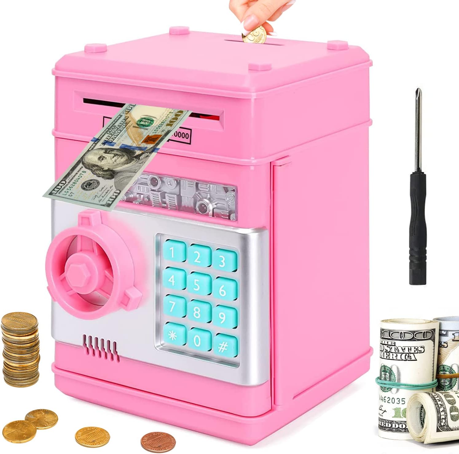 Mini ATM Piggy Bank for Kids Password Coin & Cash Saving Box Toy - Pink