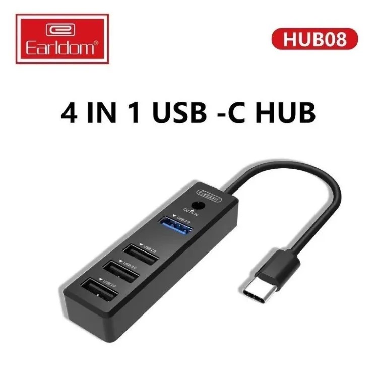 Earldom HUB08 4 In 1 USB C HUB Plug And Play - Black