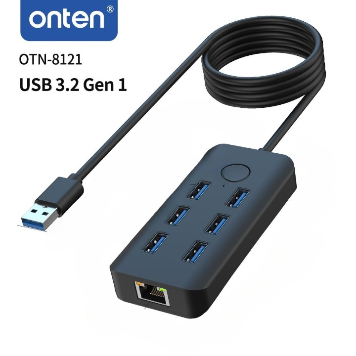 Onten OTN-8121 6-Port USB 3.2 Hub with Ethernet & One-Click Lock Screen Button - Black