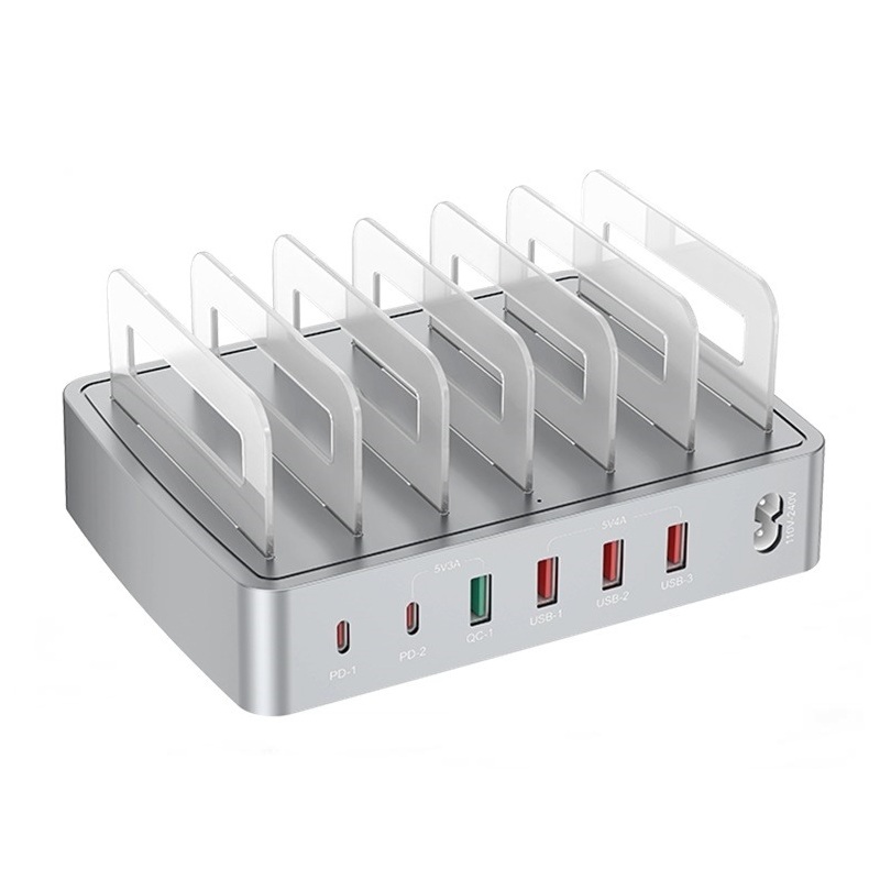 Universal 72W 6 Port Multi Intelligent USB PD QC3.0 Fast Charging Charger Station Stand - Grey