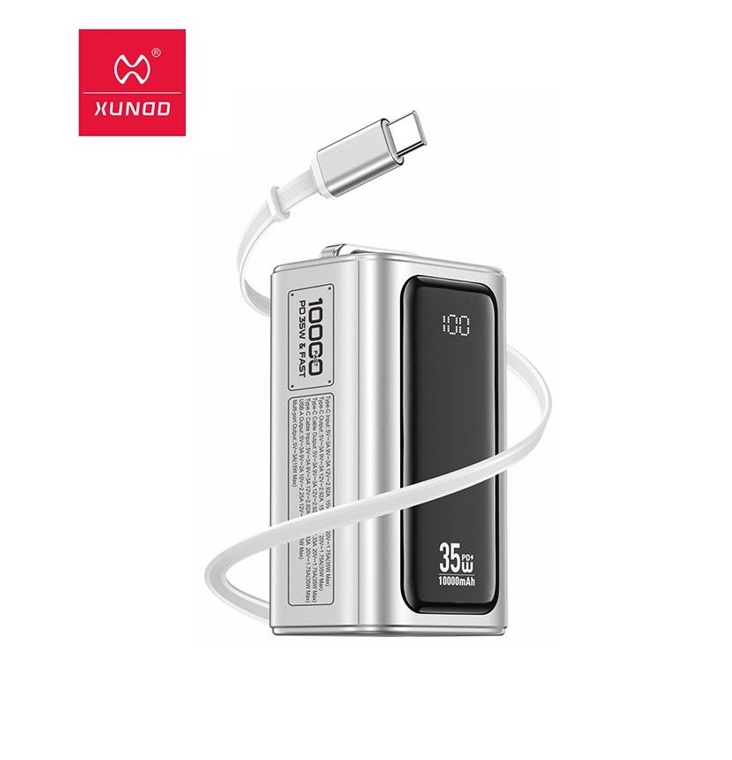 Xundd XDPB-007 10,000mAh PD 35W Compact Power Bank With Retractable Cable - White