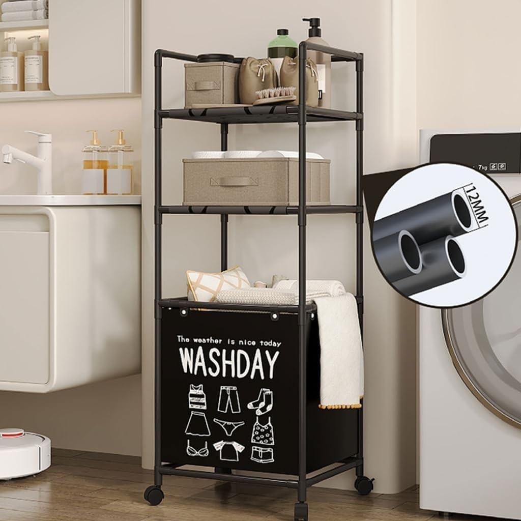 Household Washday Organizer Trolley 3-Tier Multi-purpose Storage Cart With Wheels - Black 
