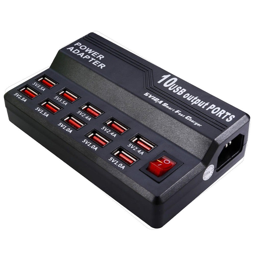 10-Port USB Charging Station Multi-Port Fast Charger - Black