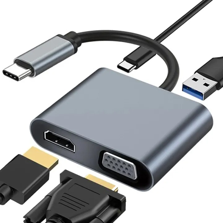 USB C Hub 4 In 1 4K HDMI VGA Adapter With USB 3.0 Type-C Dongle - Grey