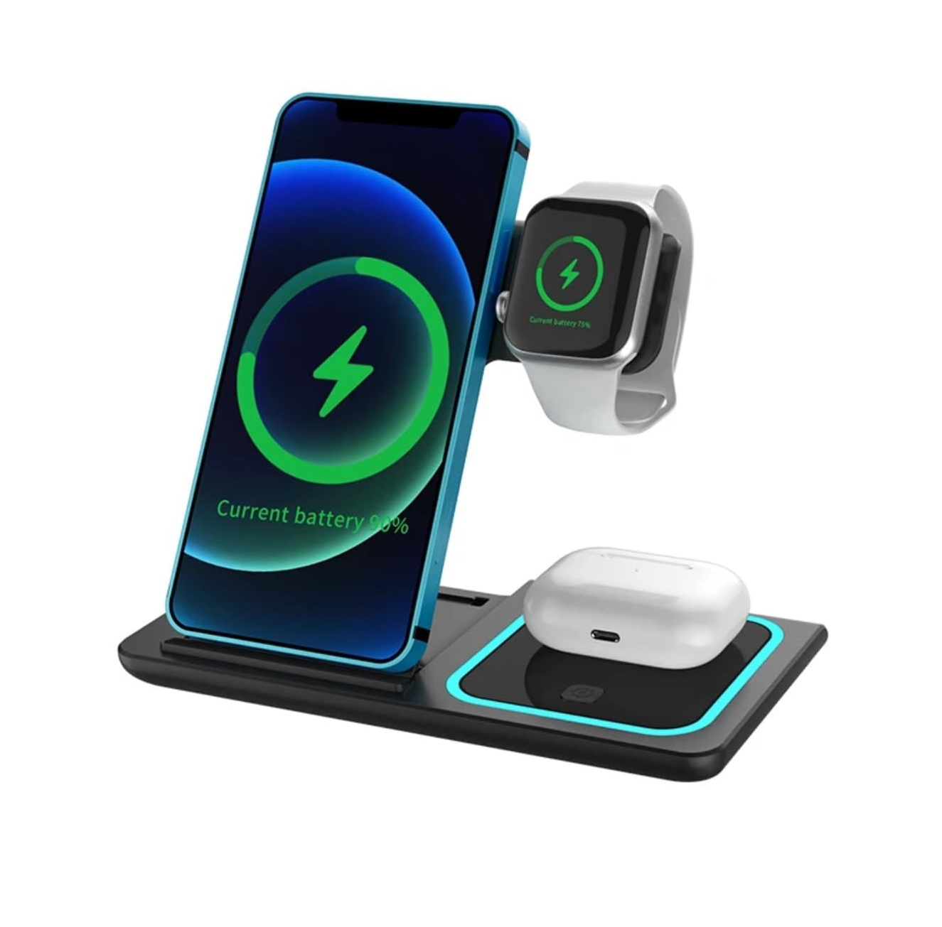 3 In 1 Foldable Wireless Charger Station For Phone Watch And Earbuds - Black