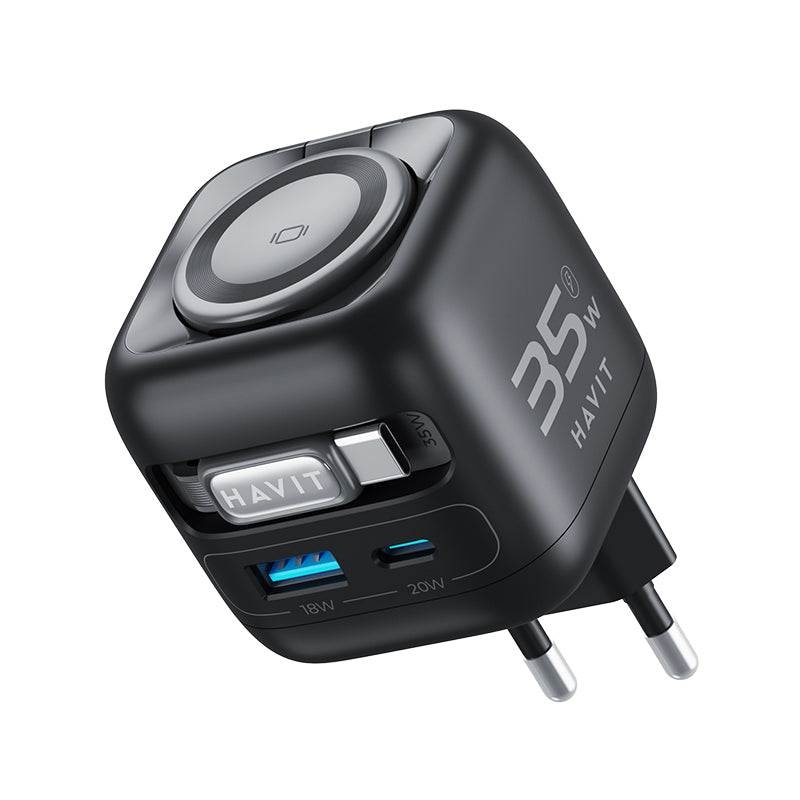HAVIT UC250 35W GaN Travel Charger With Retractable Cable & Watch Charger - Black