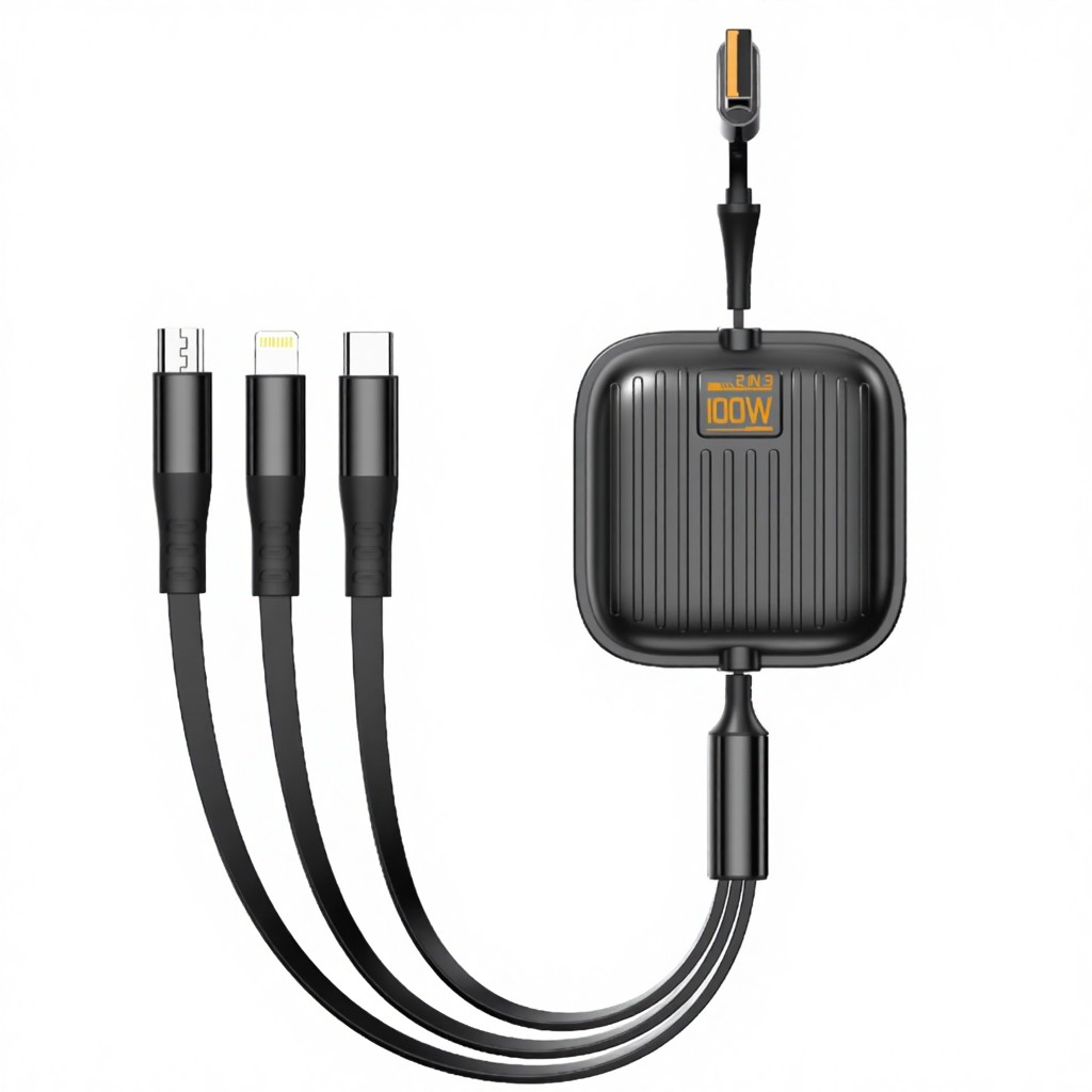 Kaxinsi KU98 100W High-Speed 3-in-1 Retractable Charging Cable (1.2m) - Black