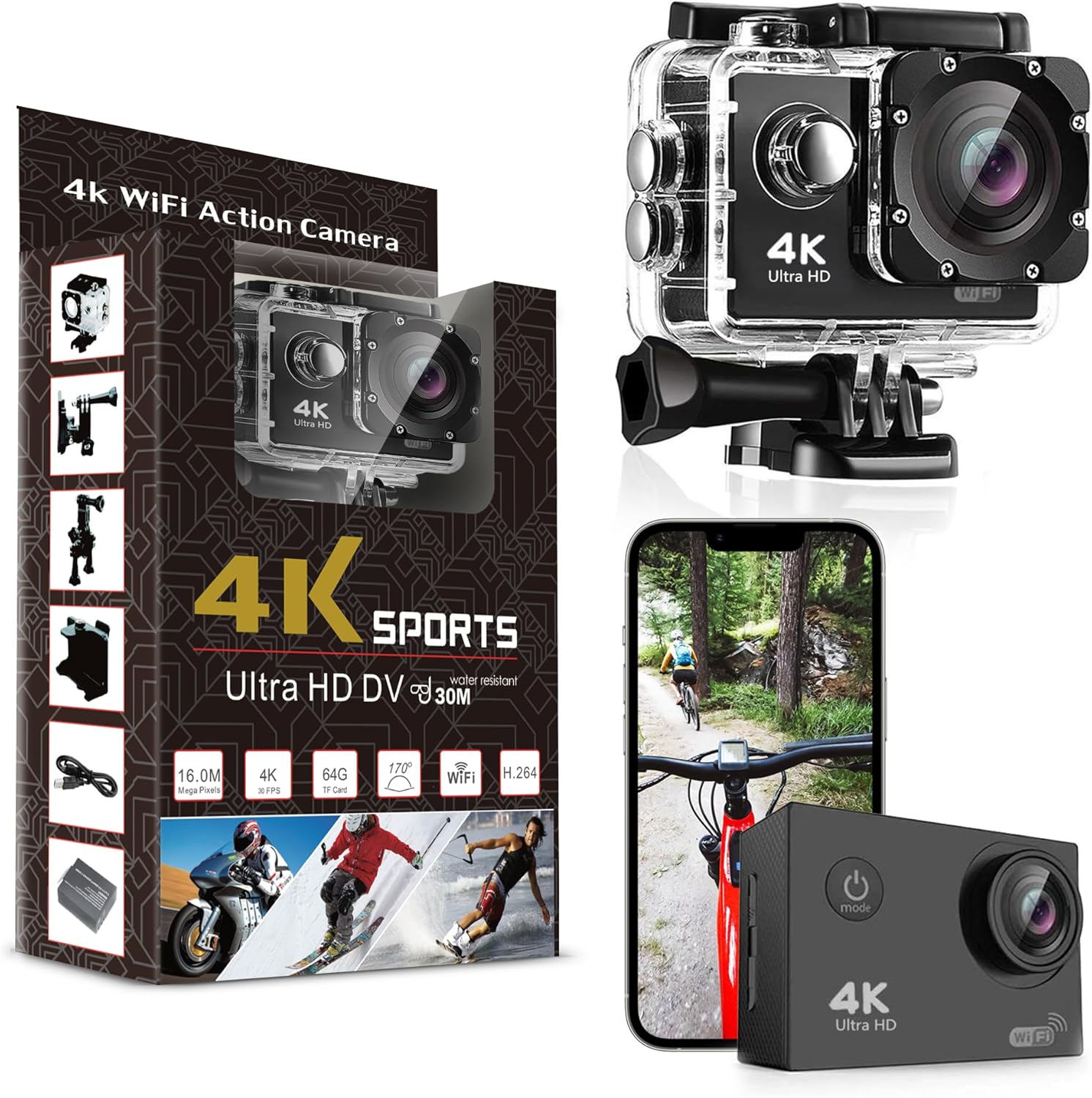 4K Waterproof Sports Action Camera - Black