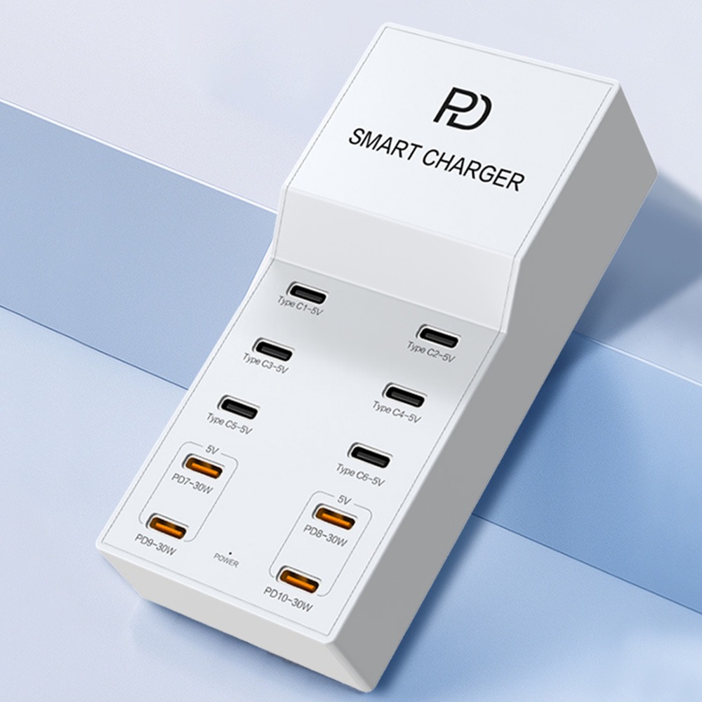 T8+ 72W Smart USB-C 10-Port Charger For Multiple Devices - White