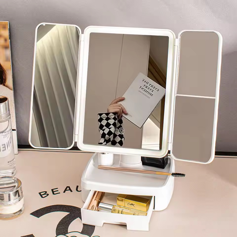 Folding LED Makeup Mirror – 3 Tone Portable Compact Desktop Vanity Mirror - White