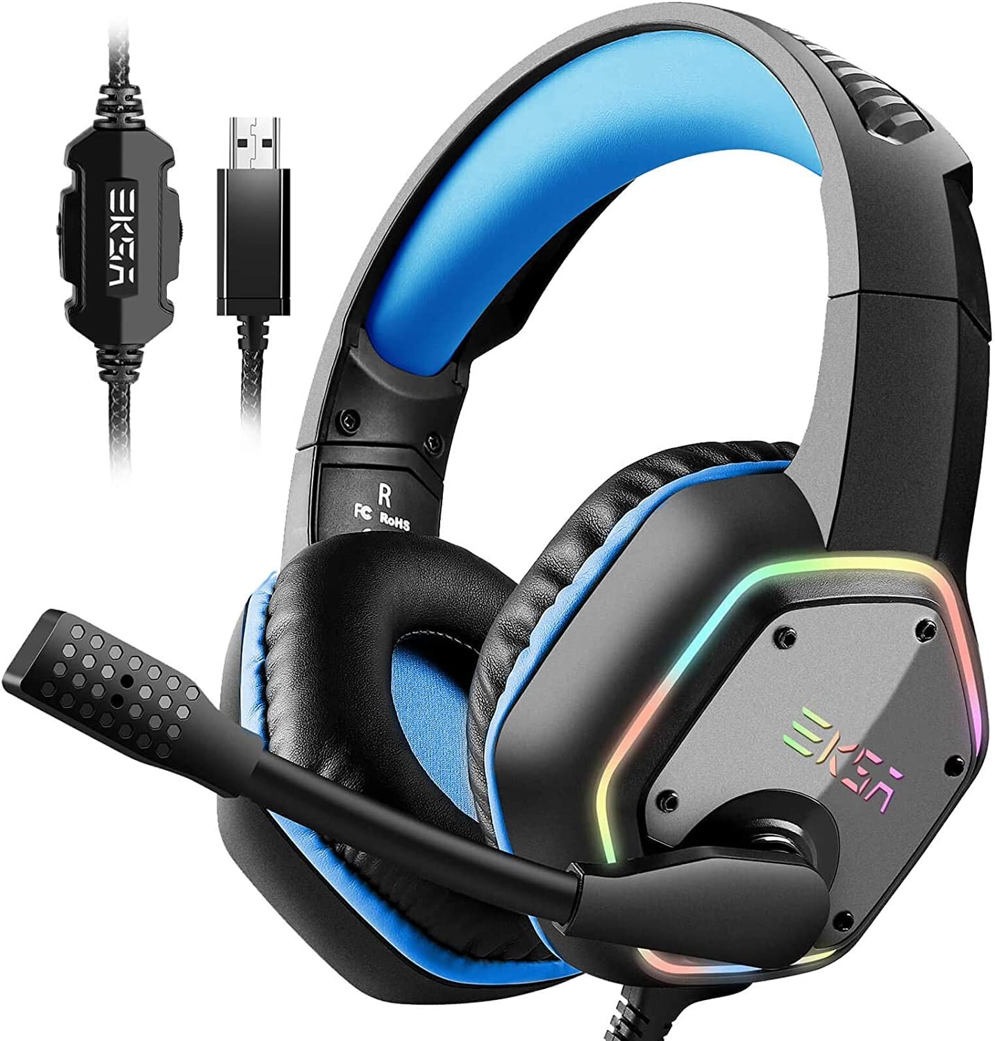 EKSA E1000 USB RGB Gaming Headset 7.1 Surround Sound With Mic Gaming Grade 50Mm Drivers - Black