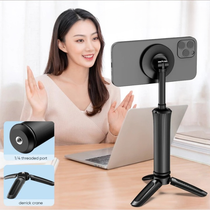 Portable Strong Magnetic Mobile Phone Holder Selfie Stick With Tripod - Black