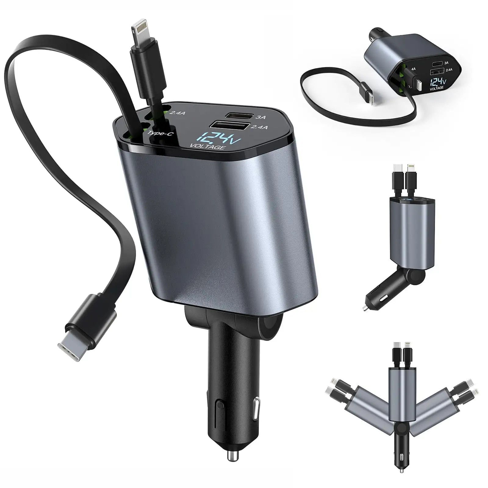 4 In 1 120W Retractable Cable Fast Charging Voltage Display Car Charger - Grey