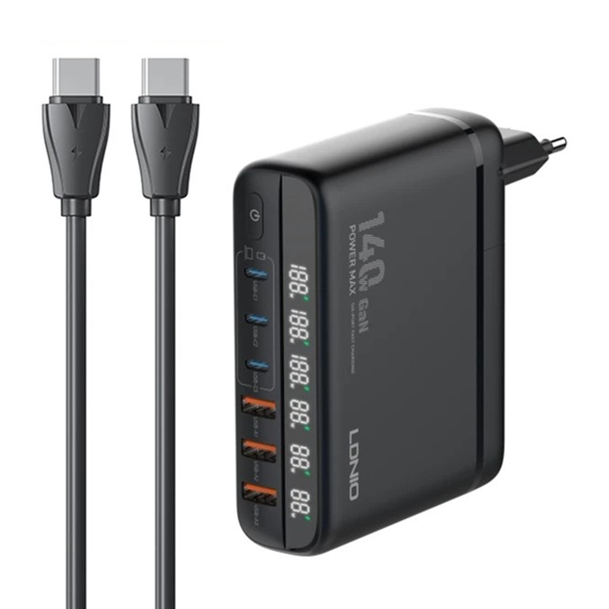 LDNIO A6140C 140W Fast Charging GaN Charger Adapter 6 USB Ports LED Display - Black