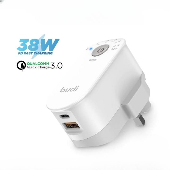 Budi 38W Timer Charger Adapter USB Type C Fast Charging Plug PD QC 3.0 - White