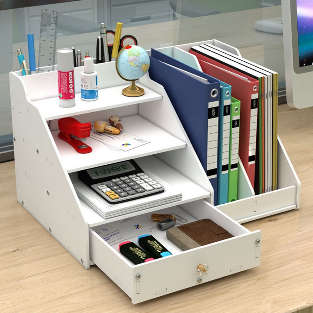 Office Desktop Vertical Storage Organizer Rack With Drawer For Home And Workplace - White 