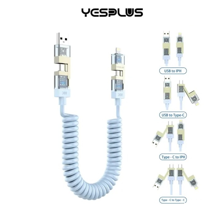 Yesplus YS-882 Spring 4 In 1 Fast Charging Data Cable (240W Quick Charge, USB Type-C & Lightning Spiral) - Blue