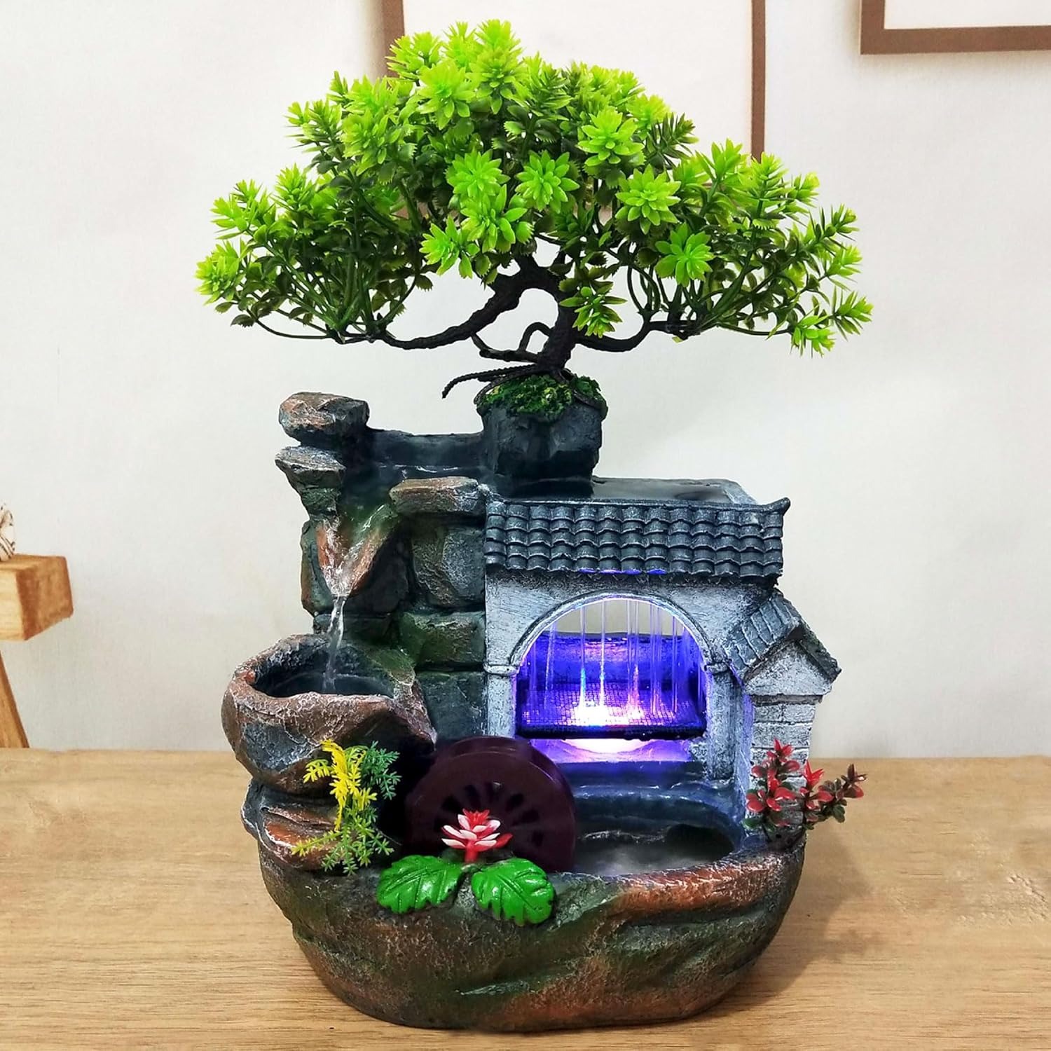 Tabletop Waterfall Fountain With Automatic Pump And Switch Stream - Multicolor