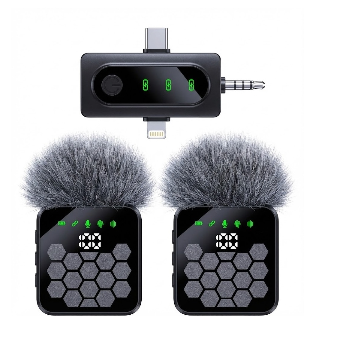QY66 Dual Noise‑Cancelling Wireless Microphone LED Display 3‑in‑1 Receiver (iPhone / Type‑C / Camera) - Black