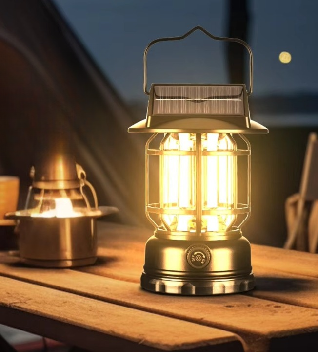 JH7800 Vintage LED Handheld Lantern Solar Powered Outdoor Camping Lamp With Knob - Black