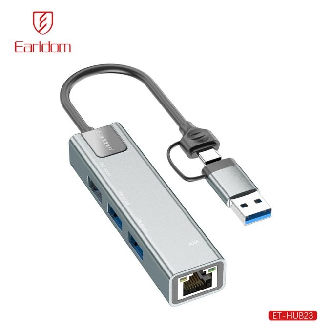 Earldom ET-HUB23 USB-A & USB-C Hub With RJ45 Lan - Grey