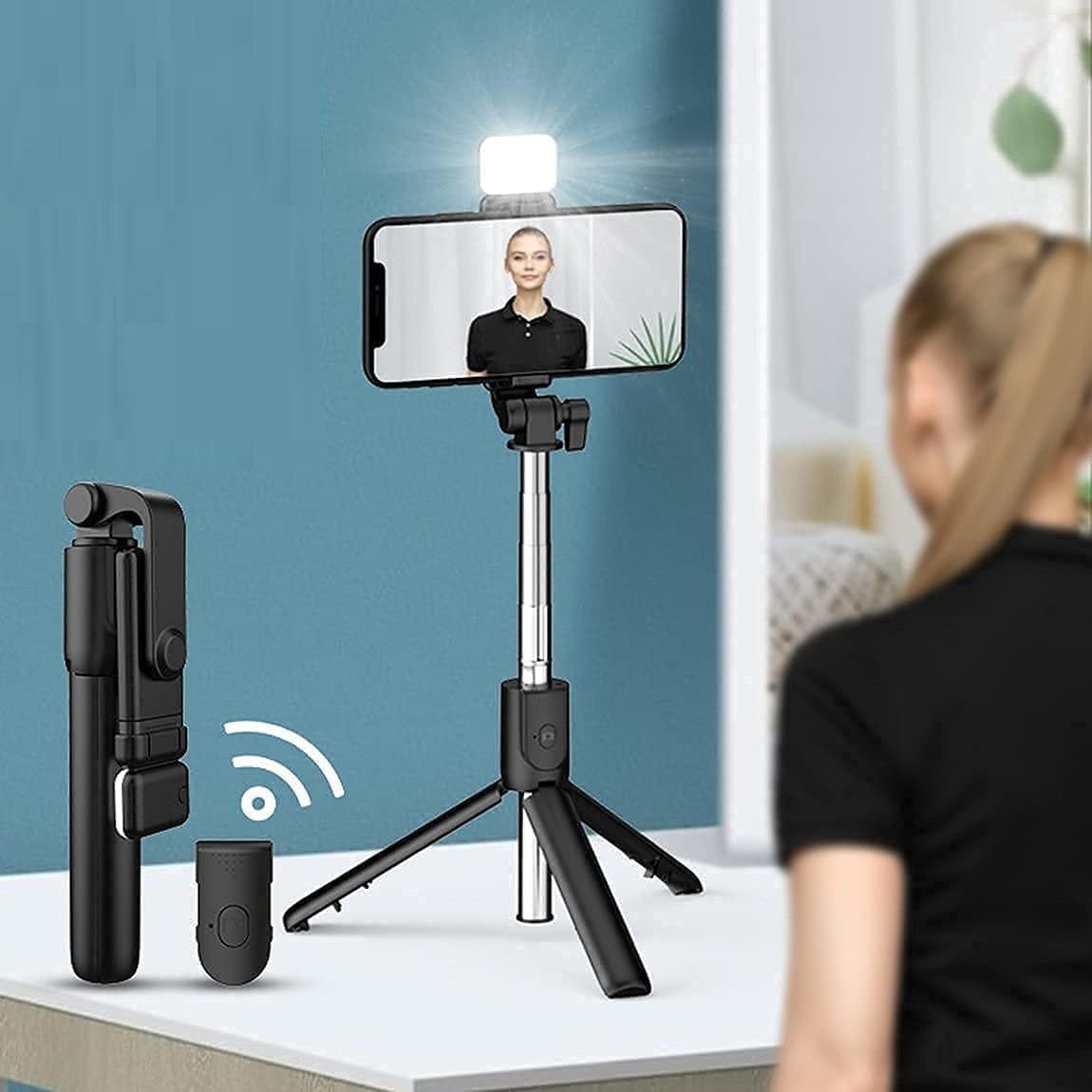 R1S Selfie Stick Tripod With Bluetooth Remote And Selfie Light - Black