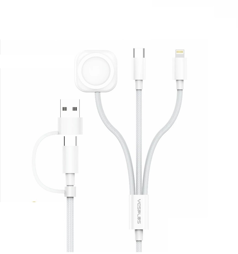 Yesplus YS878 2-in-3 Data Cable 5A Multifunctional Fast Charging Cable For Type-C, Lightning, USB-A And Watch - White