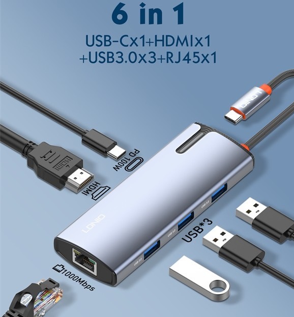 LDNIO DS-16H USB-C Hub 4K HDMI RJ45 PD Charging Dock Adapter - Deep Grey
