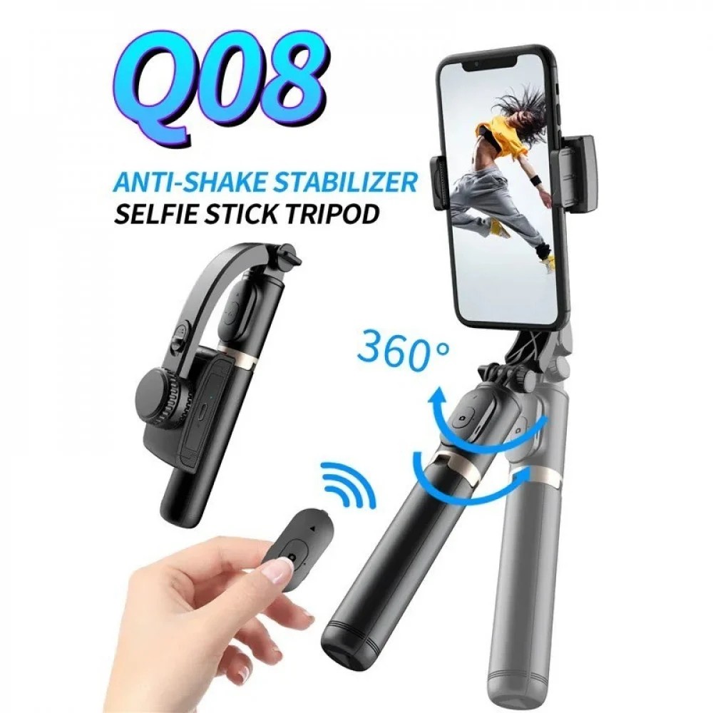 Q08 Selfie Stick Anti Shake Gimbal Stand Extendable Tripod With Bluetooth Wireless Remote - Black