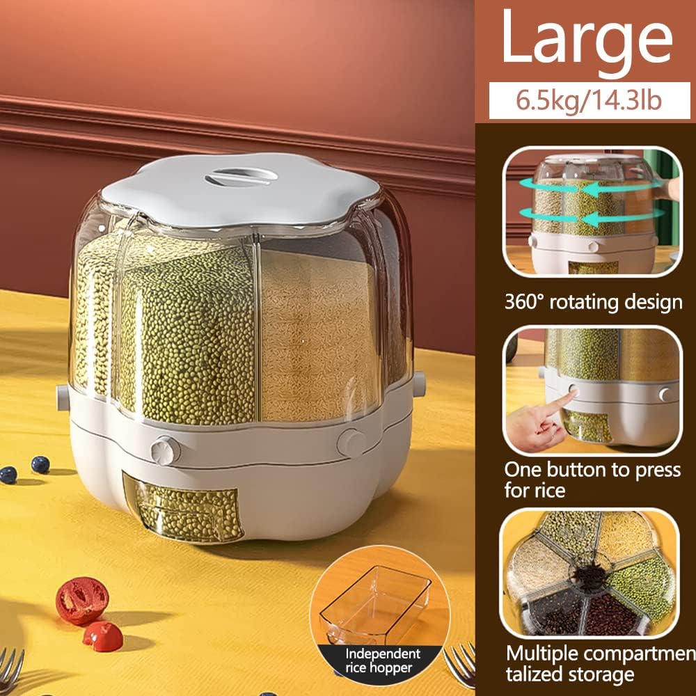 Food Grain Storage Container 360° Rotatable Dustproof Sealed Transparent Rice Bucket 6 Grid - White