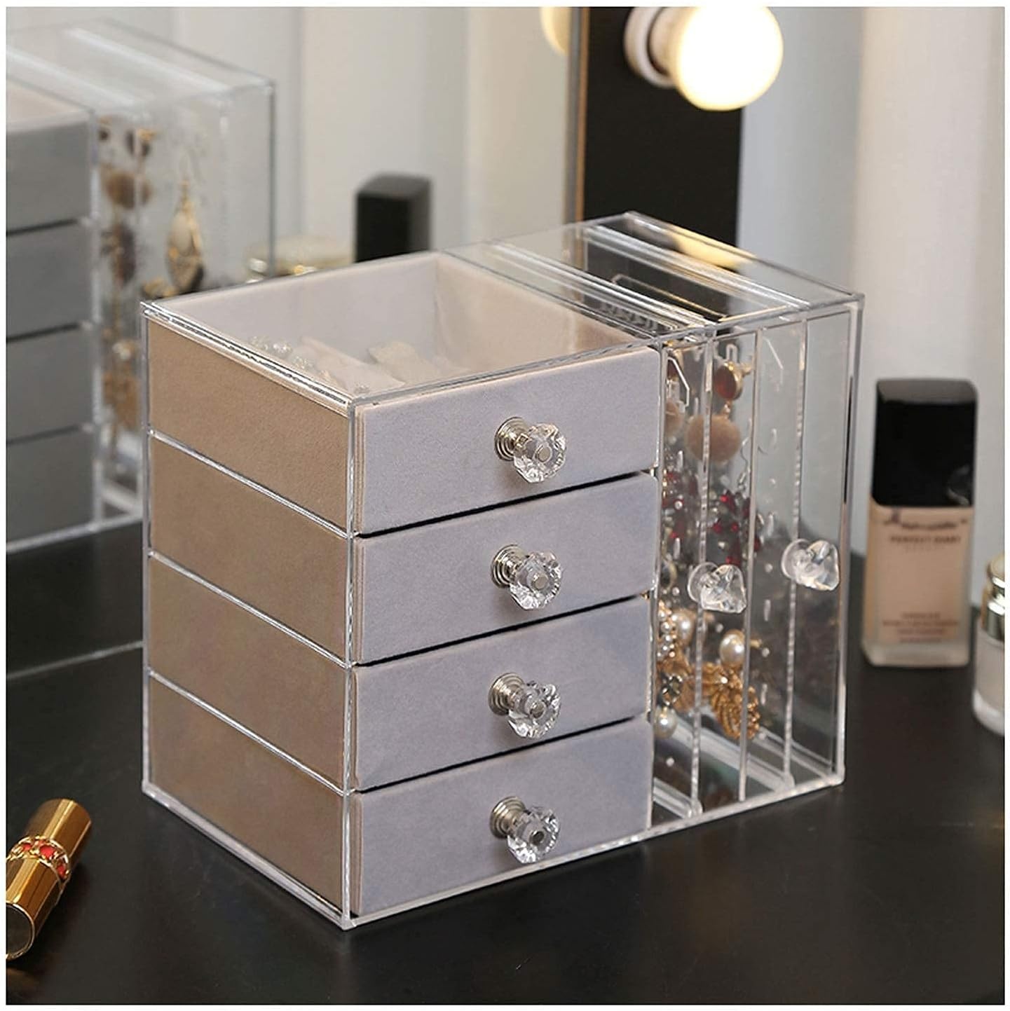 Clear Acrylic Jewelry Organizer – 4-Drawer Jewelry Box & Hanging Earring Holder - Clear