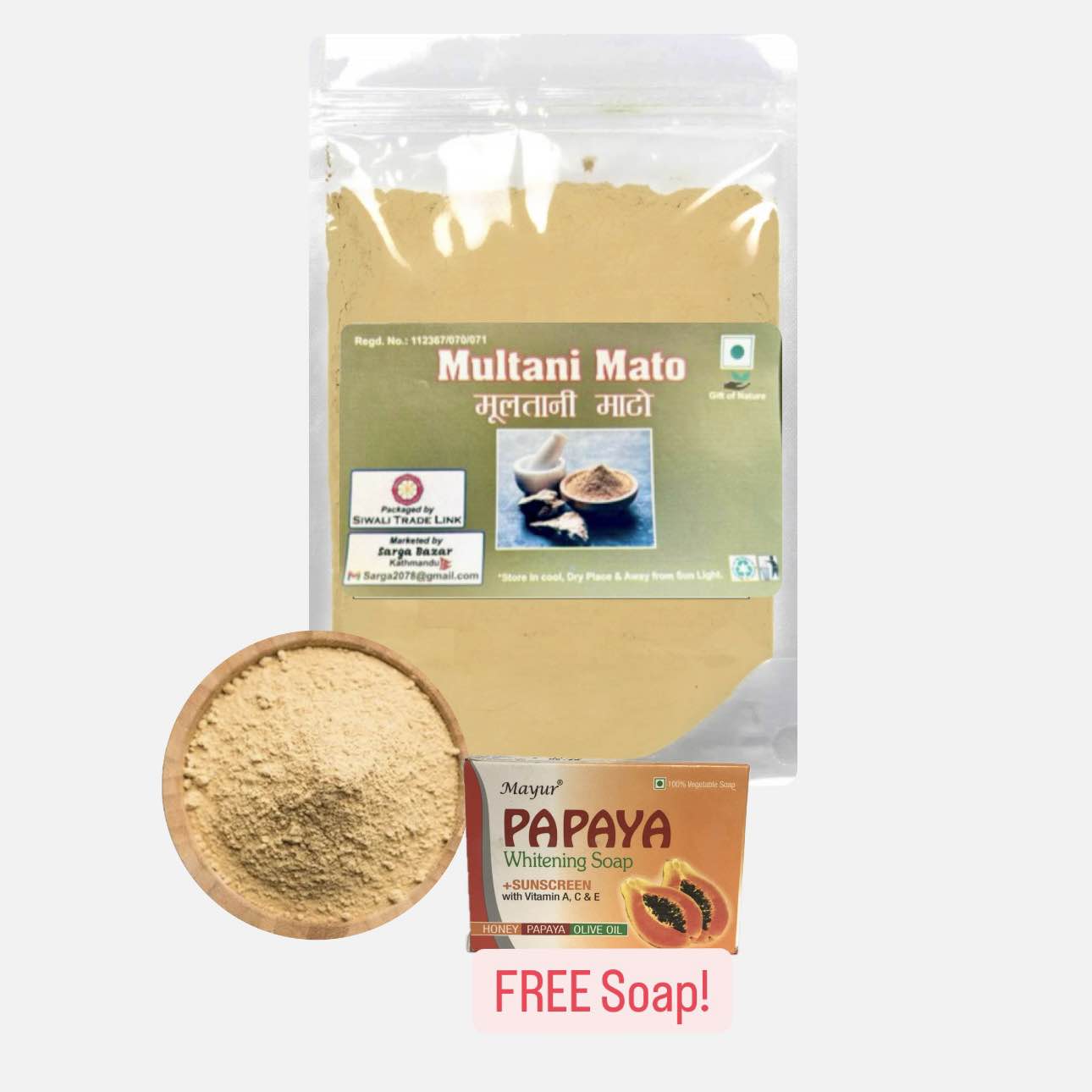 Multani Mato Powder / Multani Mitti Face Mask 500 gm - Free 1 Ayuredic Soap (Fresh)