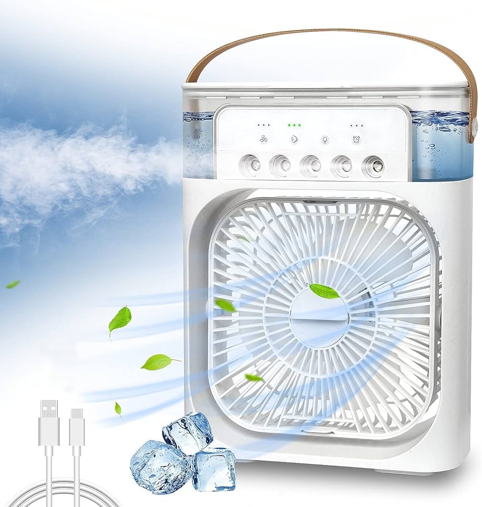 Portable Mini USB Air Cooler Fan with Mist Humidifier, LED Light & Timer - Black