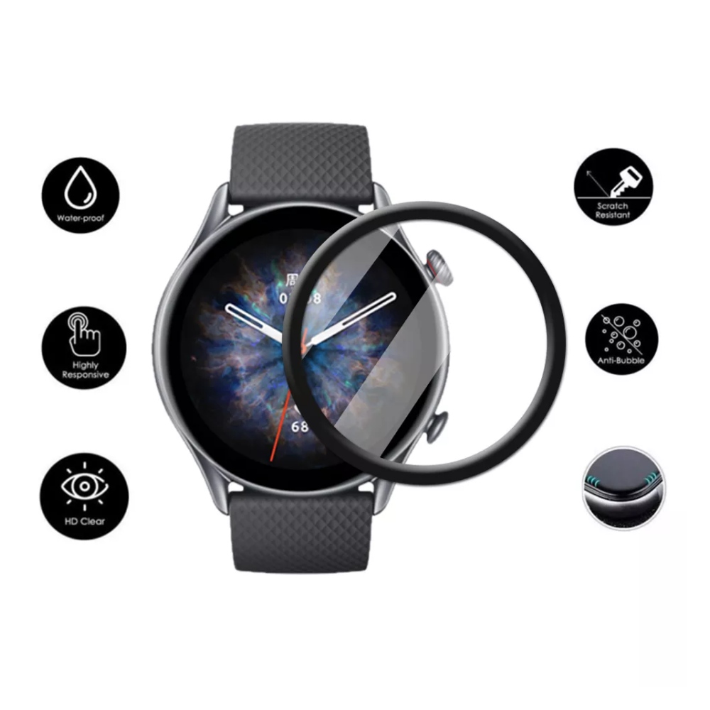 Amazfit GTR 3 Pro  Full Glue Curved Clear Flexible Tempered Glass - Black