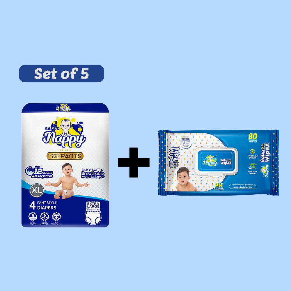 Baba's Nappy Baby Pull Up Diaper 4pcs XL Set of 5 + Baba's Nappy Baby Wet Wipe (200x150mm) 80pcs