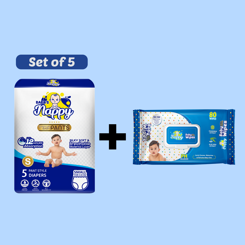 Baba's Nappy Baby Pull Up Diaper 5pcs Small Set of 5 + Baba's Nappy Baby Wet Wipe (200x150mm) 80pcs