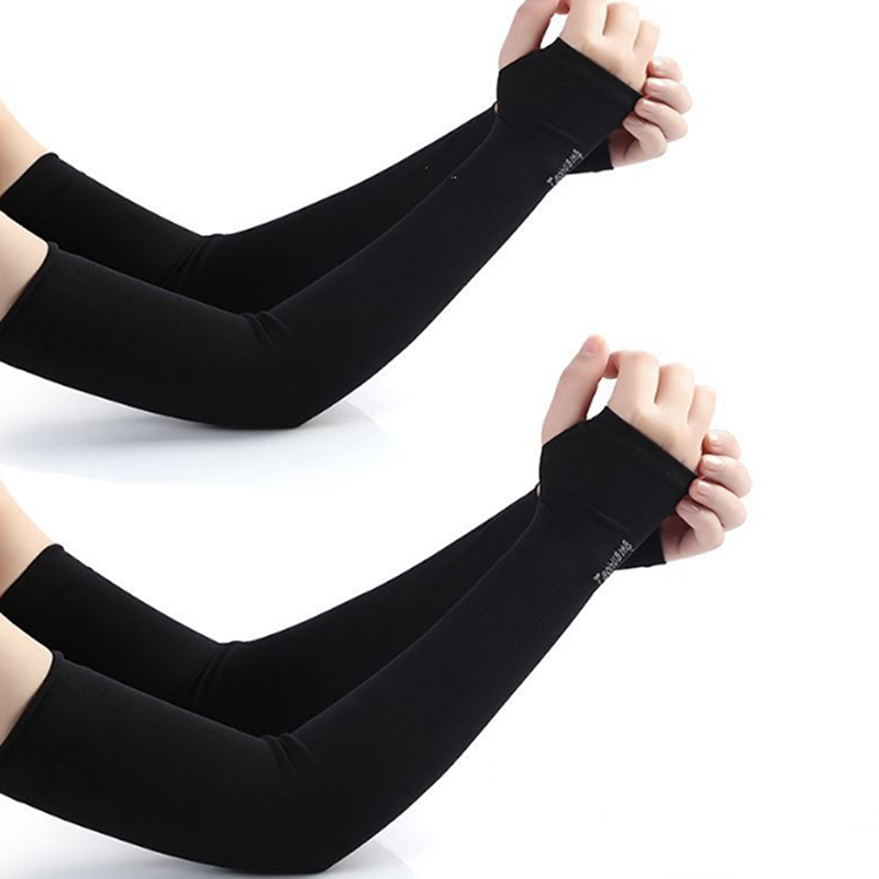 1 Pair Black Stretchable Arm Sleeves with Thumb Cover - Black (Free Size)