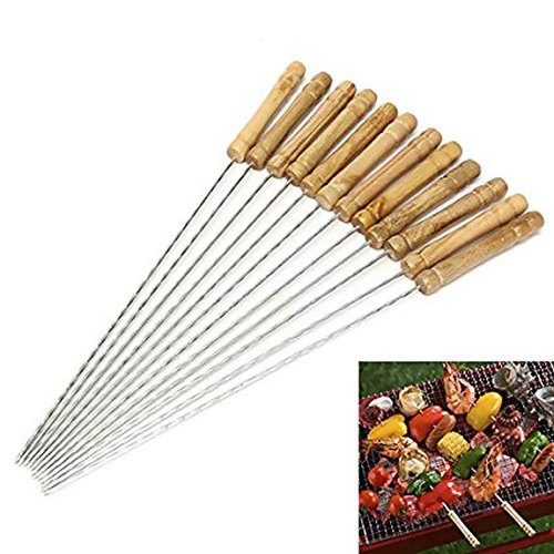 10-Piece Stainless Steel BBQ Skewers With Wooden Handle - Multicolor