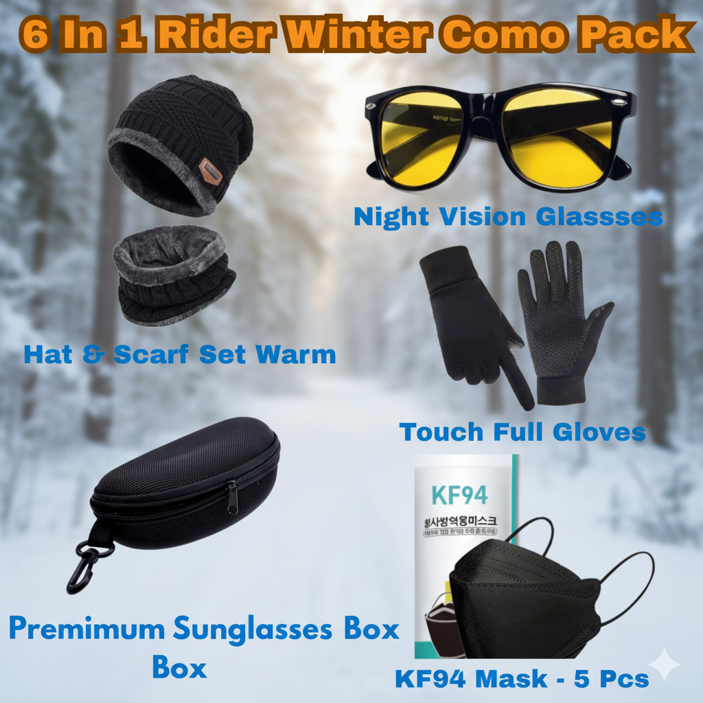 6 In 1 Men Winter Combo Leather Chest Guard Topi Neck Warmer Gloves Glasses KF94 Mask