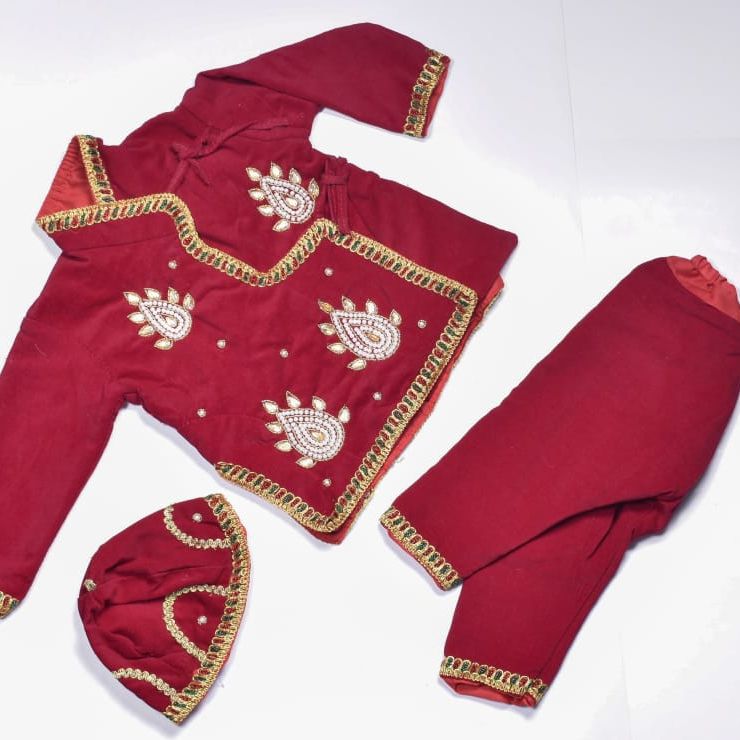 Baby Pasni Dress Set Red Velvet Choli Shoes Cap Rice Feeding Ceremony Outfit
