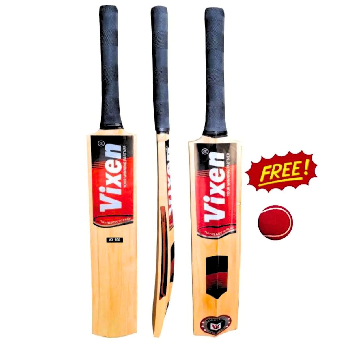 Premium Vixen VX-100 Wooden Cricket Bat - Includes Free 1 Piece Tennis Ball