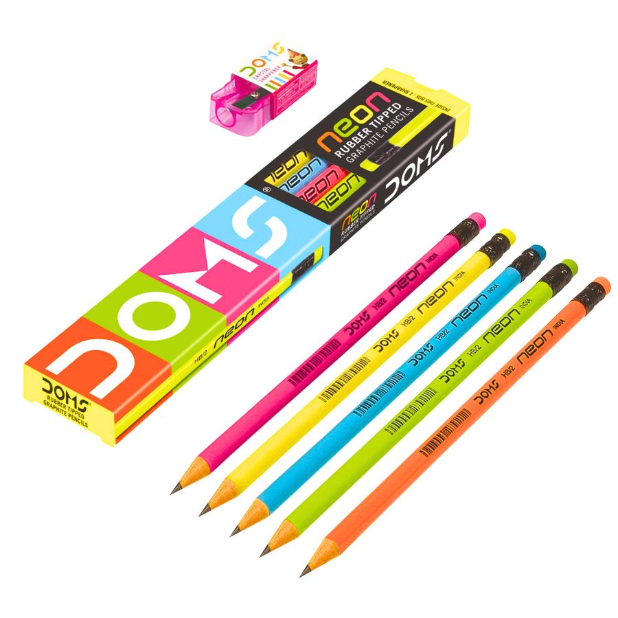Doms Neon Pencil: Premium Quality with Eraser Rubber Tipped Graphite Pencil & Free Sharpener Included