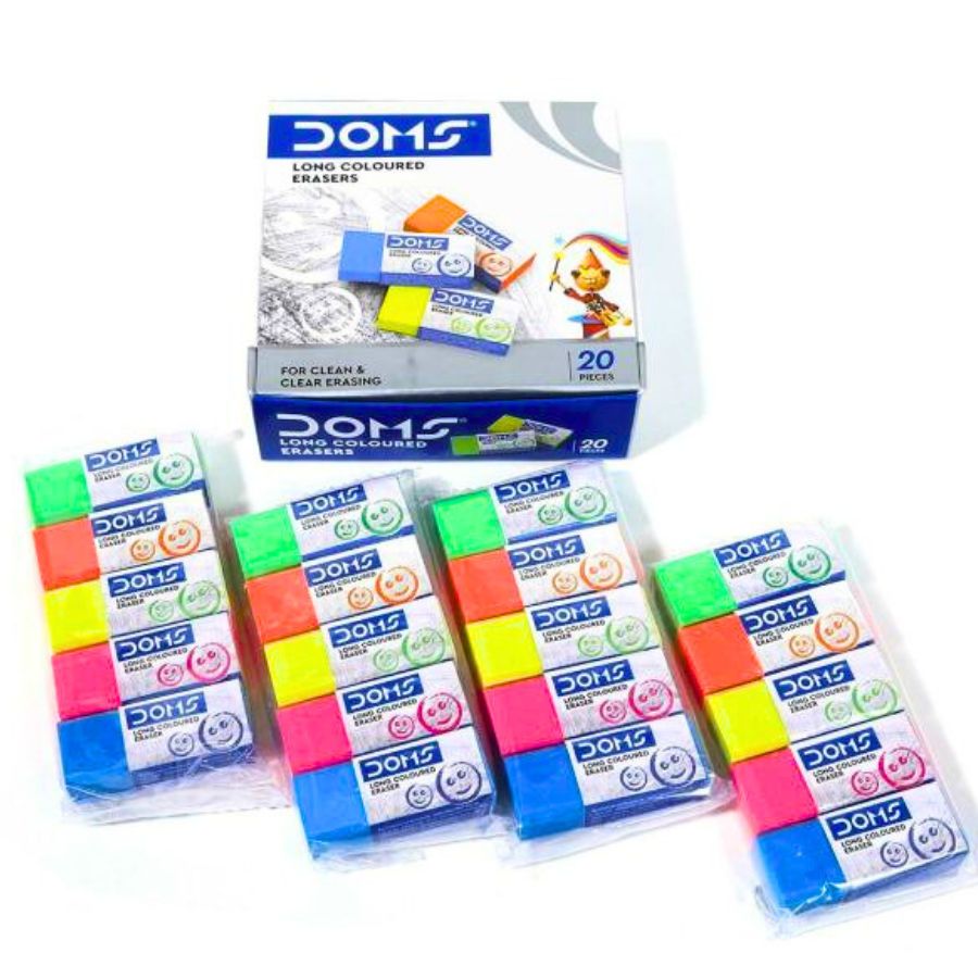 Doms Long-Coloured Multicolour Erasers : Pack of 20