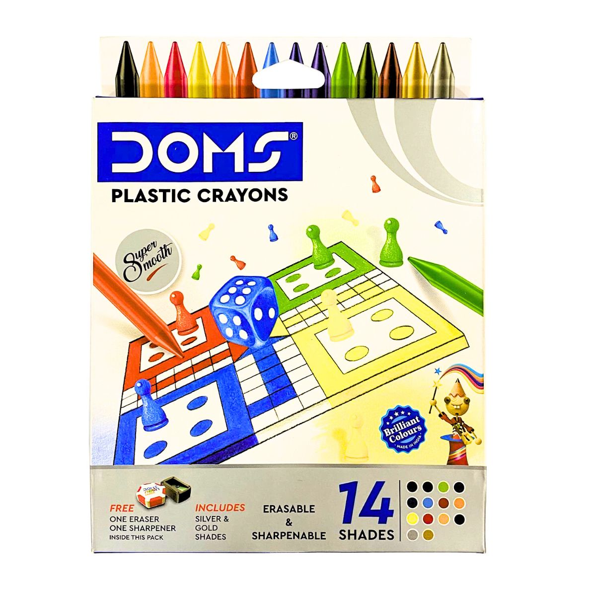 Doms 14 Shades Super Smooth Plastic Crayons Color - Erasable & Sharpenable