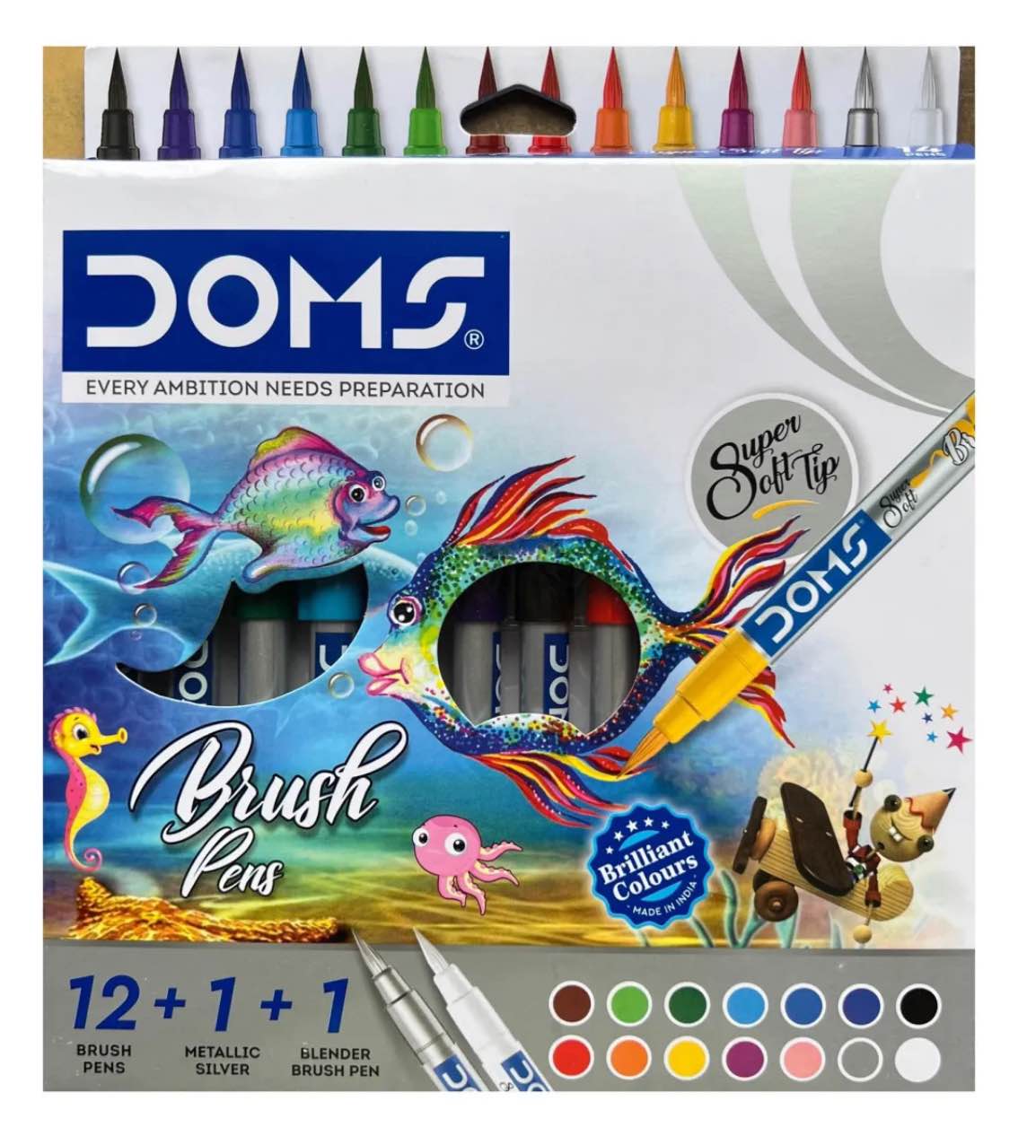 Doms Brush Pens 14 Shades Set With Metallic & Blender Pen