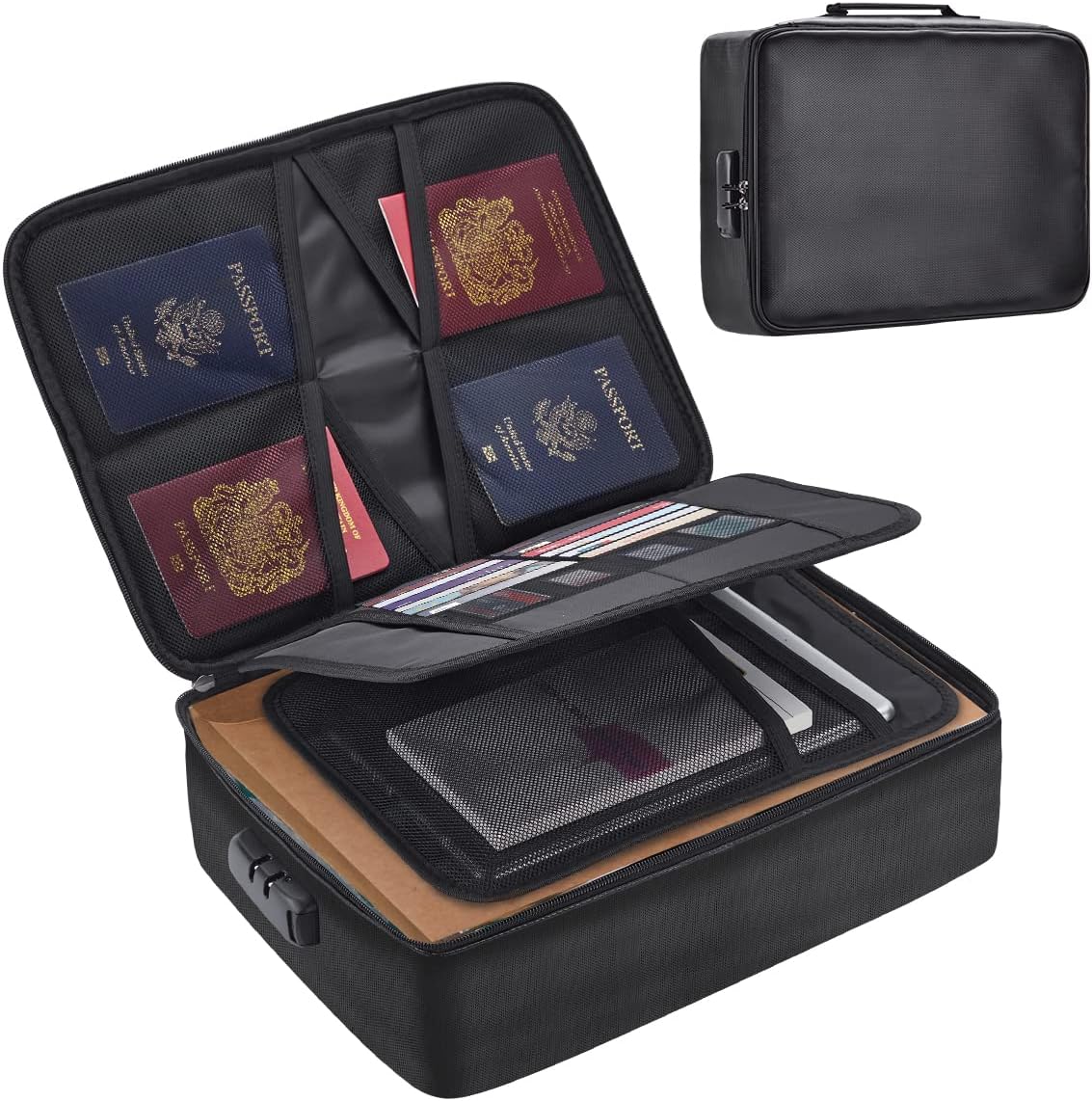 Portable Fireproof Document Storage Bag With Combination Lock For Laptop And Valuables - Black
