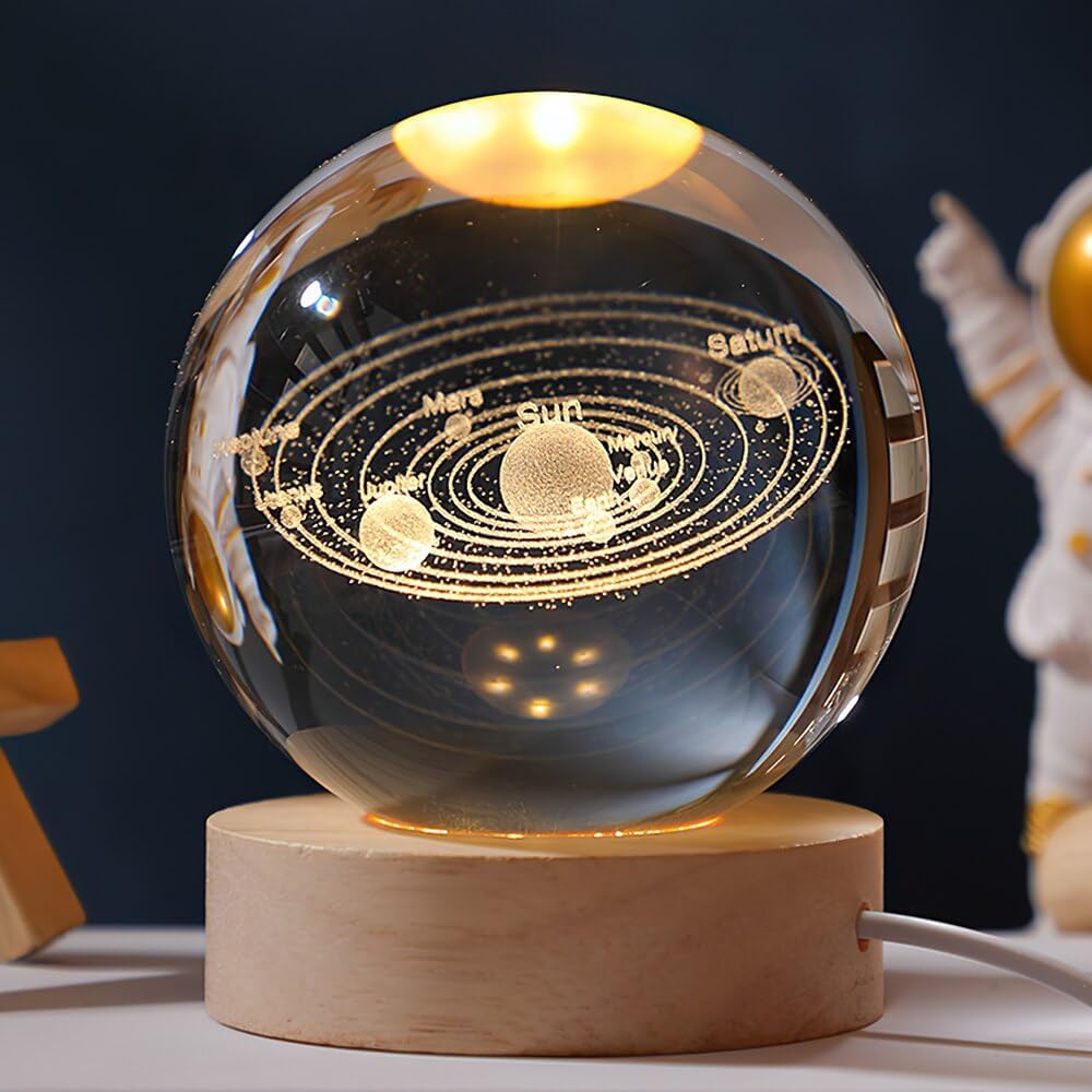3D Solar System Crystal Ball LED Night Light With Wooden Base - Warm