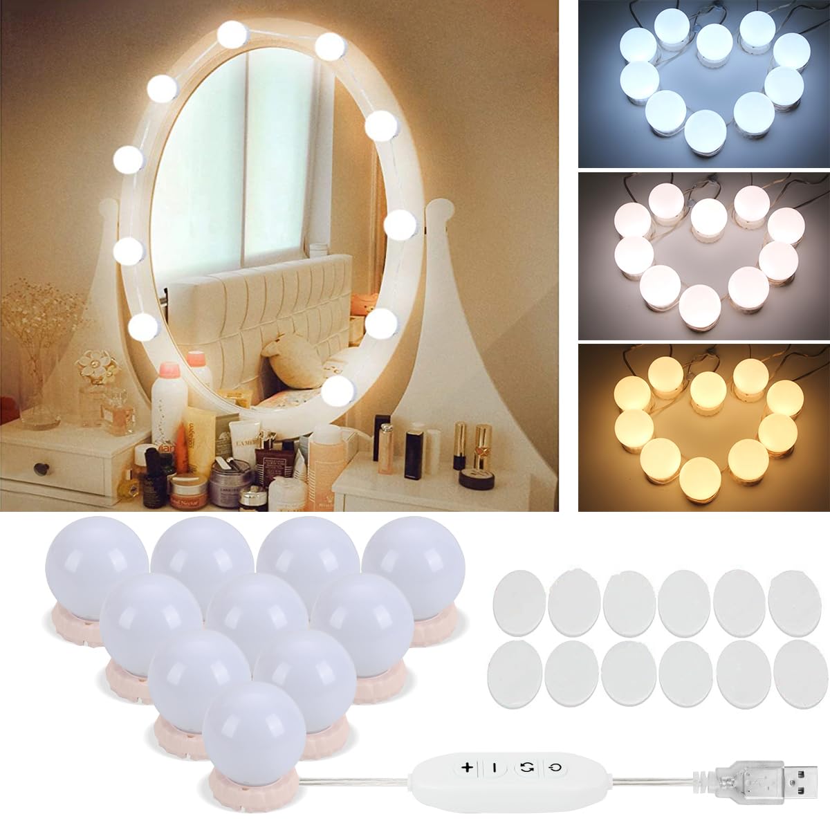 Hollywood Style Vanity Mirror Lights With 10 Dimmable LED Bulbs And USB Cable - White