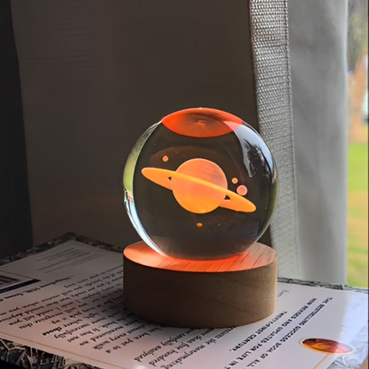 3D Galaxy Crystal Ball LED Night Light With Wooden Base 