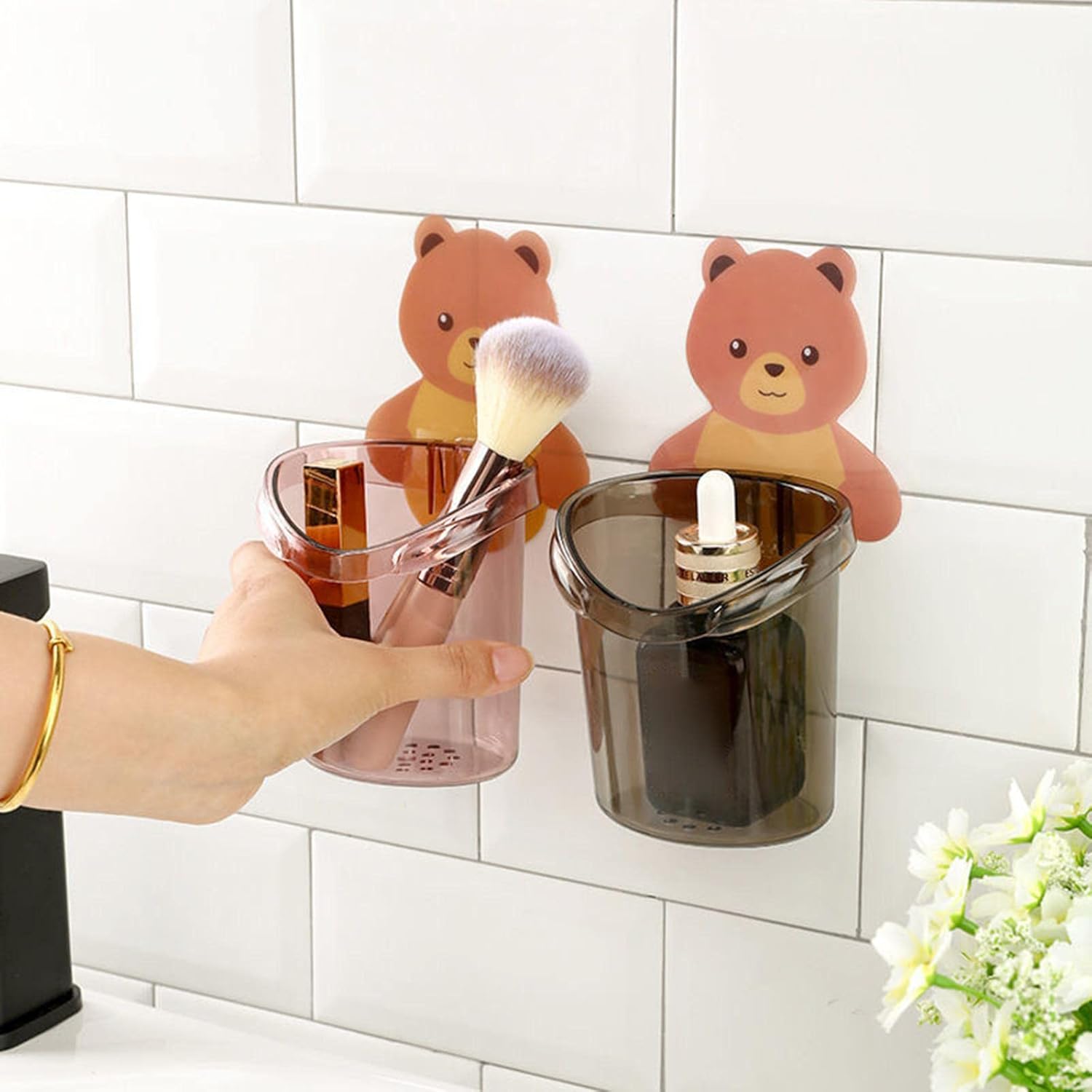Cute Suction Cup Bear Shaped Toothbrush Holder Home Bathroom Accessories Set, Child Toothpaste Organizer Storage Box